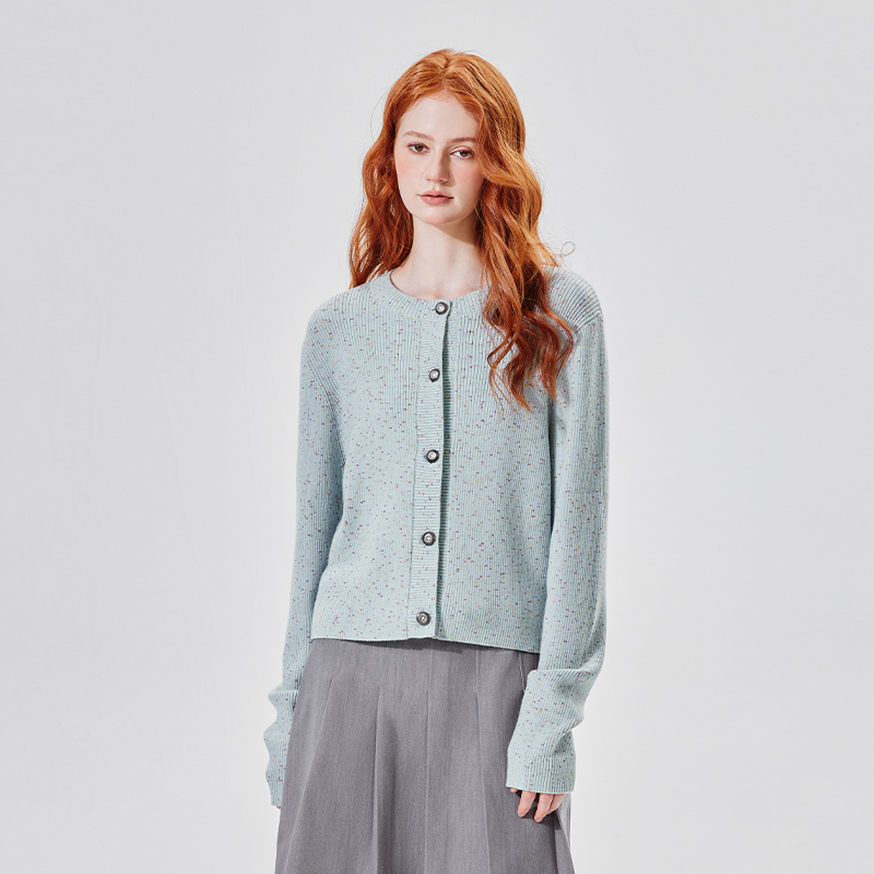 PSO Brand女装【WHITE系列】2/28支斑点花色纱纯羊毛短款开衫毛衣