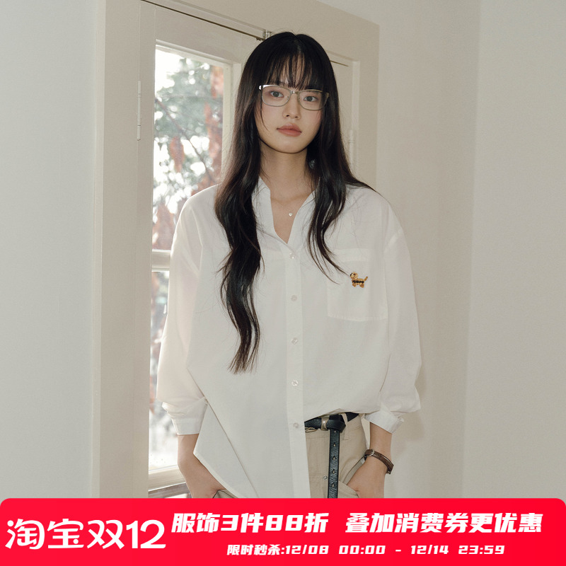 PSO Brand女装【莫代尔】V领刺绣小狗宽松寸衫七分袖女士衬衫外套