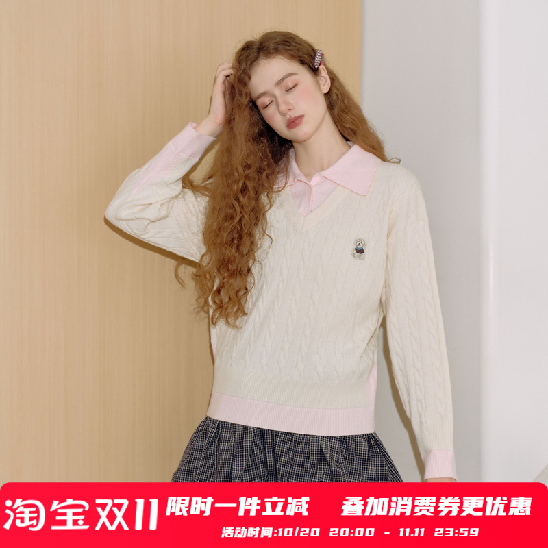 PSO Brand男装女装【假两件】MIU系可爱小狗衬衫拼接针织毛衣外套