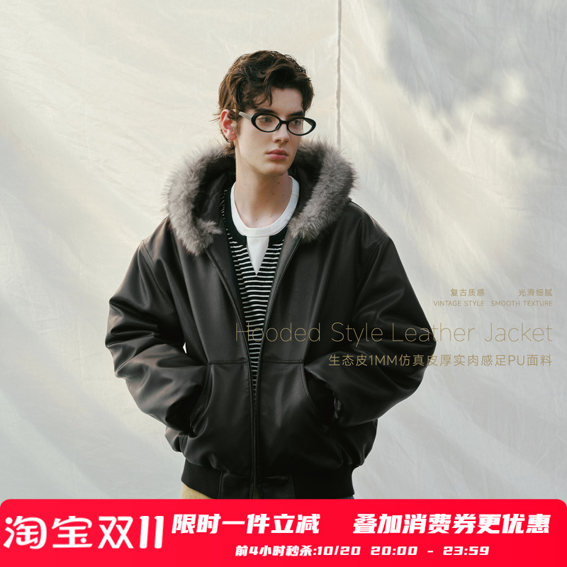 PSO Brand 男装女装毛领连帽裥棉黑色皮衣夹克外套宽松机车服保暖
