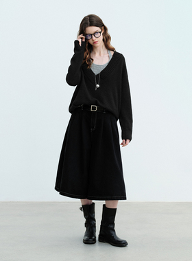 PSO Brand女装假两件条纹大V领针织衫宽松毛衣背心休闲挂脖上衣