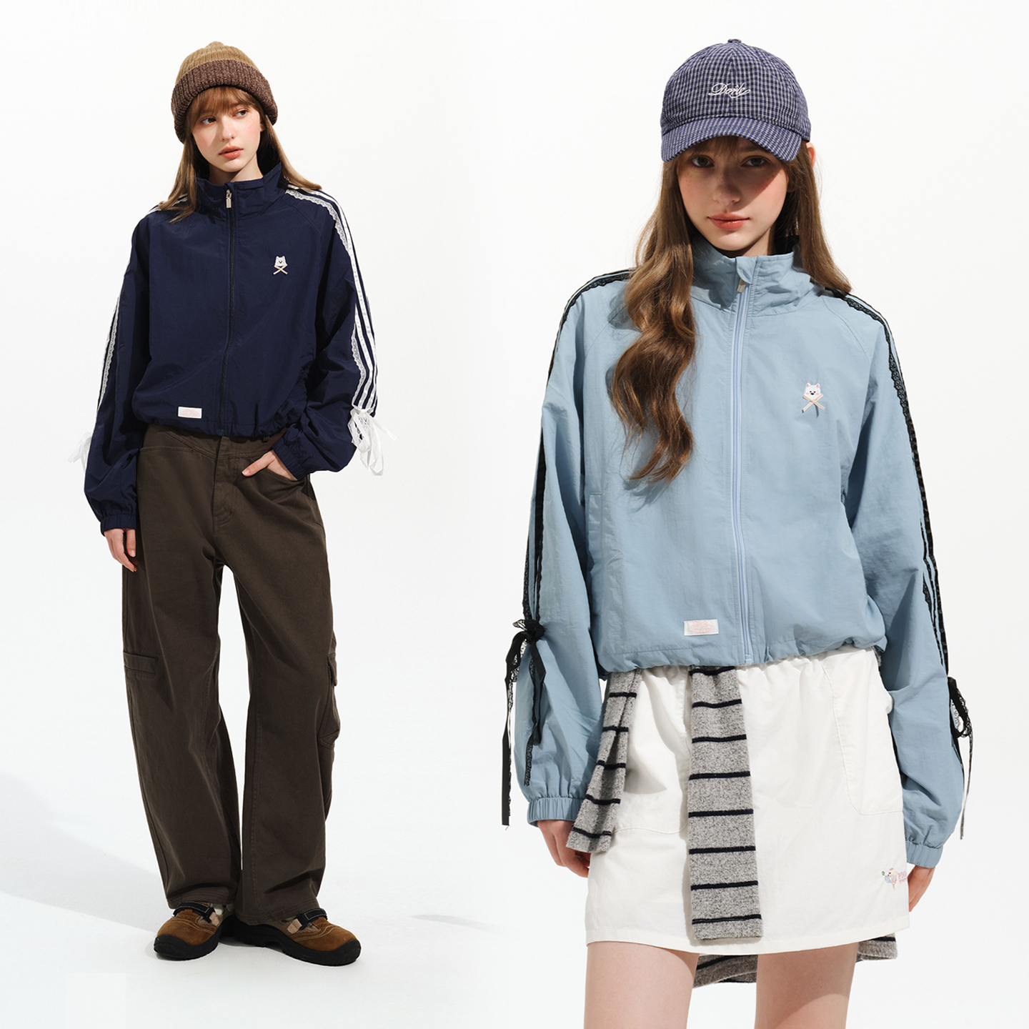 PSO Brand 女装美式运动风可爱小狗花边织带拉链夹克风衣外套百搭