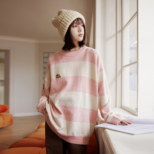 可爱小狗拼色条纹粉色毛衣秋冬情侣羊毛针织衫 女装 Brand男装 PSO