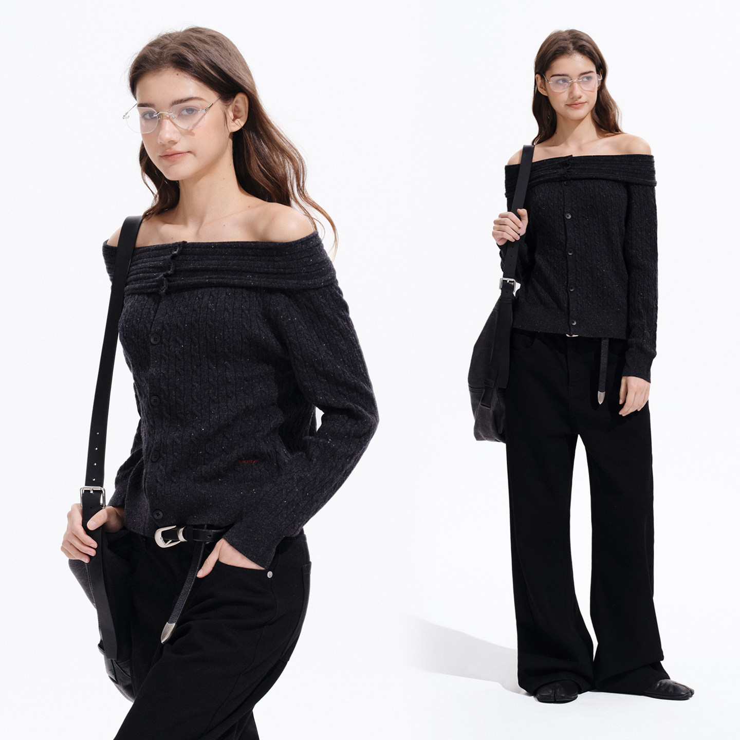 PSO Brand女装绵羊毛麻花纹一字肩毛线衣休闲宽松黑色毛衣开衫,男装,针织衫/毛衣,淘宝优惠券,粉丝福利购,淘宝优惠卷