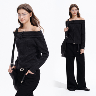 绵羊毛麻花纹一字肩毛线衣休闲宽松黑色毛衣开衫 PSO Brand女装