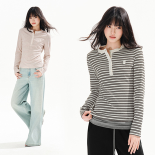 上衣春季 PSO t恤女条纹针织衫 索罗娜凉感速干亨利领长袖 Brand女装
