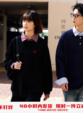 PSO Brand 男装女装假两件针织polo衫男款宽松长袖上衣衬衫情侣装