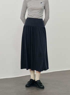PSO Brand女装垂坠感磨毛针织显瘦中长款半身裙百褶黑色A字裙子