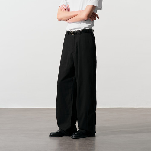 PSO Brand男装亚麻混纺老钱风黑色西装裤宽松男士休闲直筒长裤