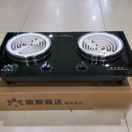 高原鑫达220V电热丝双电灶,左平盘2000瓦,右凹盘2500瓦,无插头