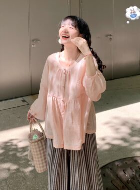 Emilyying2025新款夏日甜美淡粉色纯苎麻宽松防晒衬衫