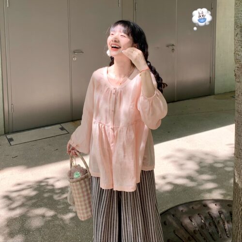Emilyying2025新款夏日甜美淡粉色纯苎麻宽松防晒衬衫