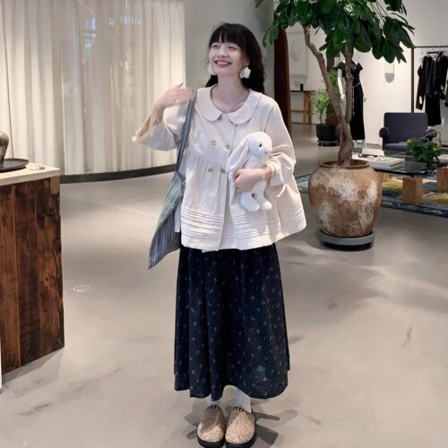 Emilyying2024秋冬高级全棉百搭日系碎花松紧腰半身裙