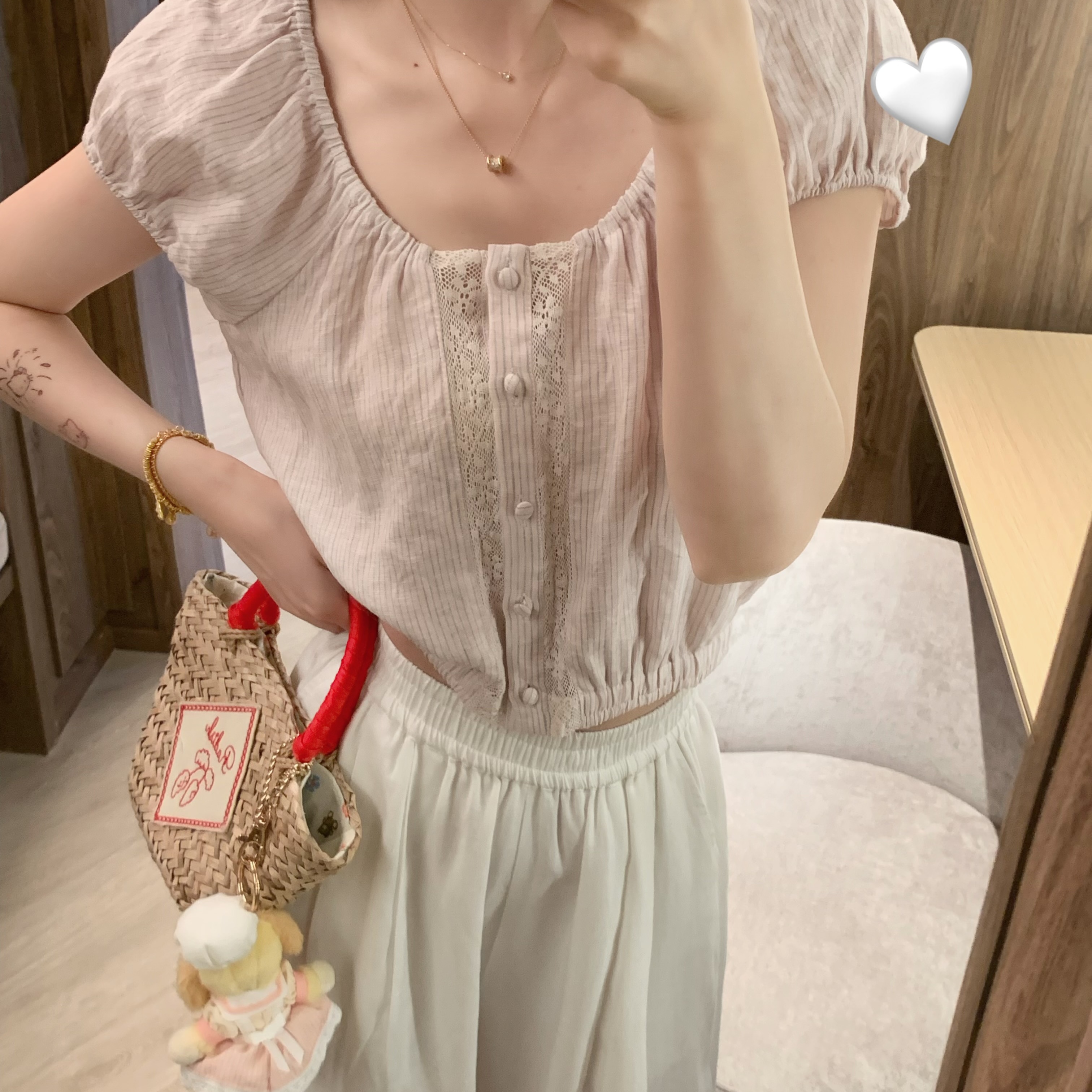 Emilyying夏季新款高品质纯亚麻色织粉竖条少女奶钱蕾丝拼接衬衫