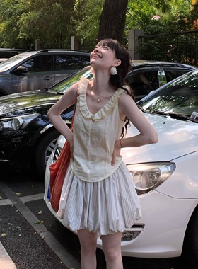 Emilyying2025新款夏日全棉竖条清冷少女蓬蓬花苞半裙