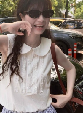 Emilyying2025新款白色花边娃娃领减龄棉背心衬衫