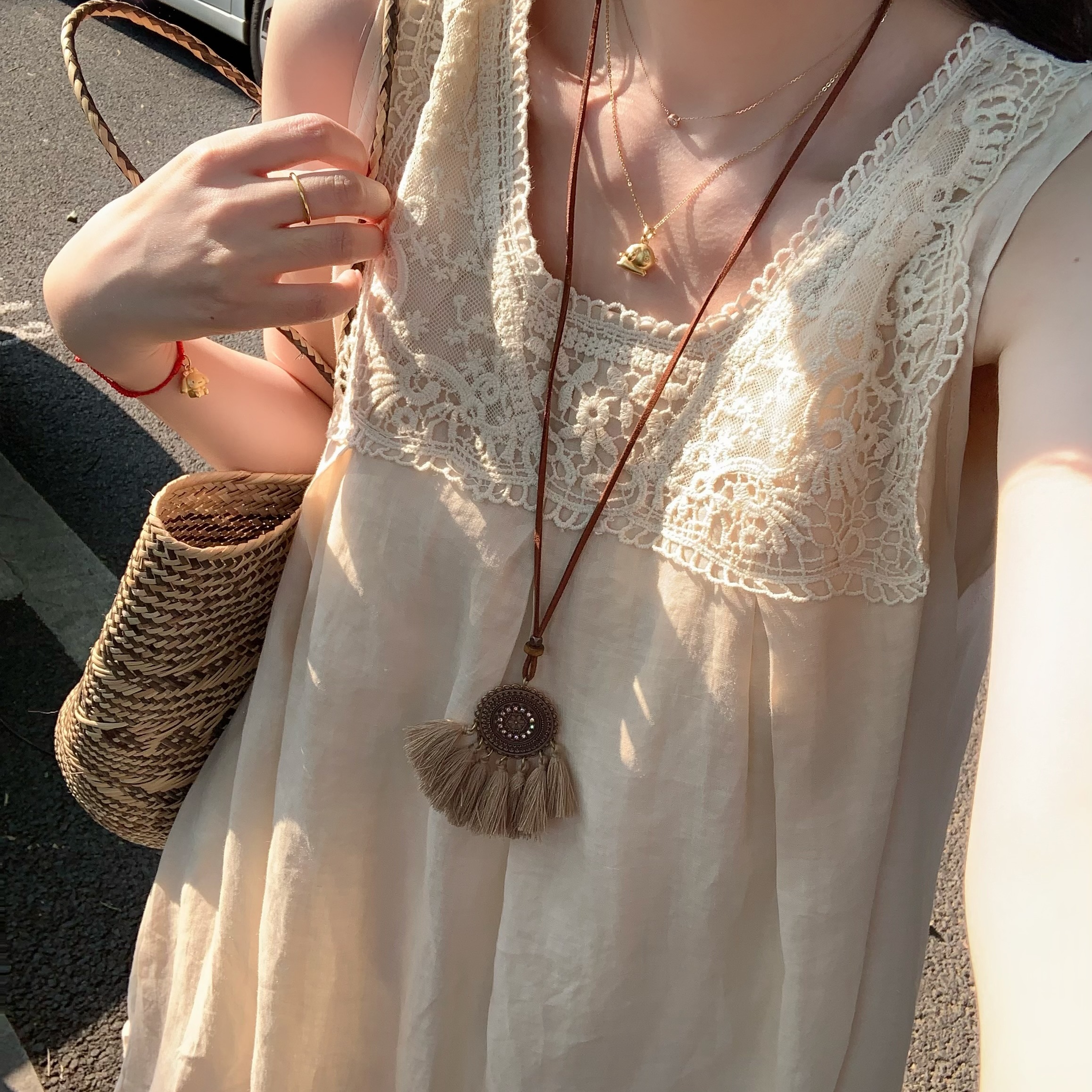 Emilyying2025新款米杏色日系vintage纯苎麻重工花边背心裙