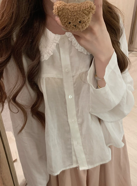 Emilyying秋冬新款白色天丝苎麻娃娃领长袖衬衫