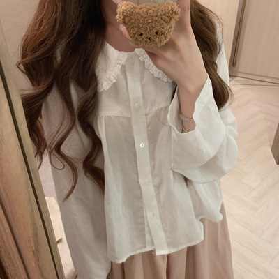 Emilyying秋冬新款白色天丝苎麻娃娃领长袖衬衫