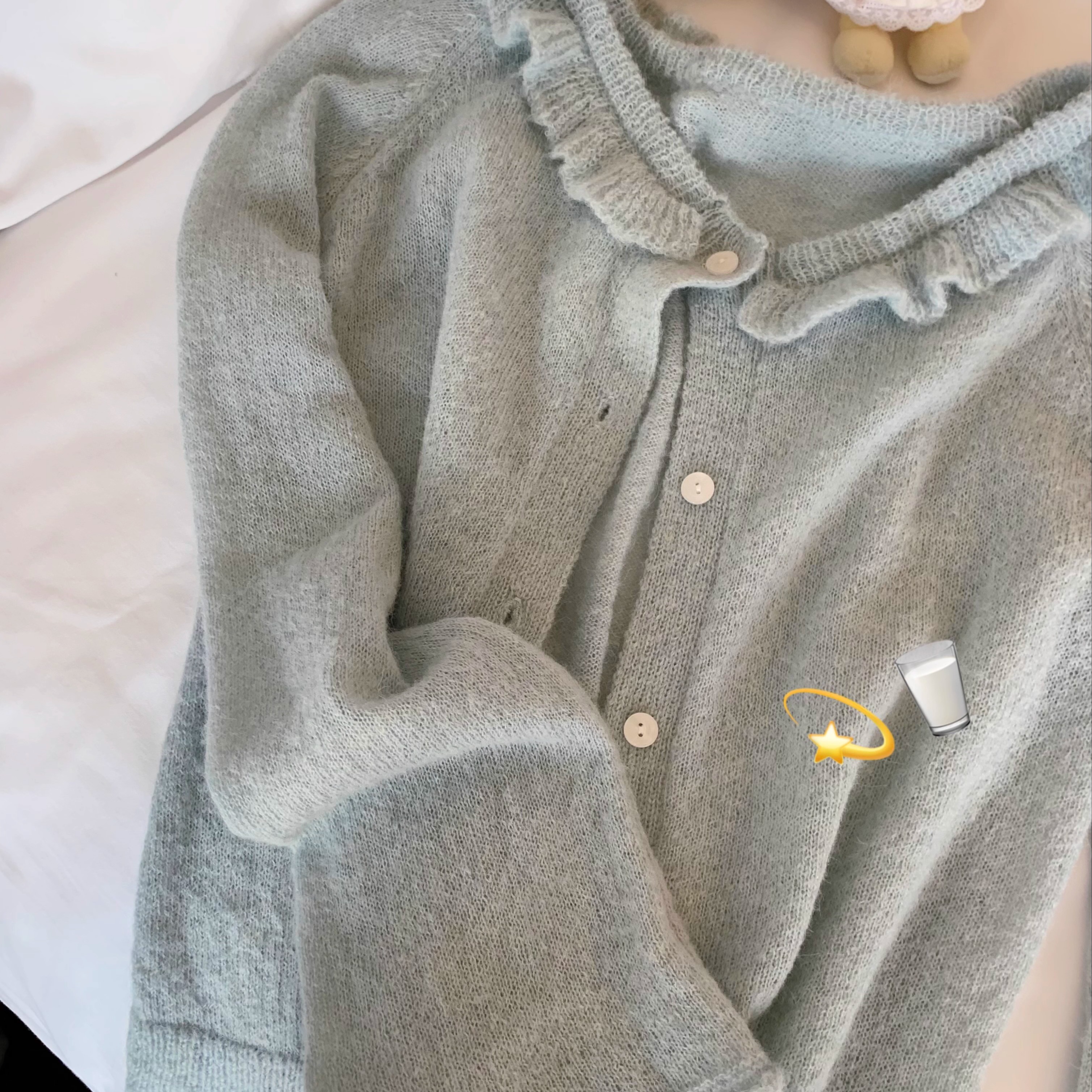 Emilyying2025新款蓝色木耳领长袖针织开衫