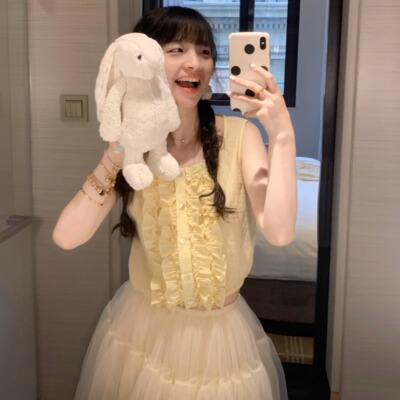 Emilyying春夏新款重工花边黄格miu系公主感衬衫上衣