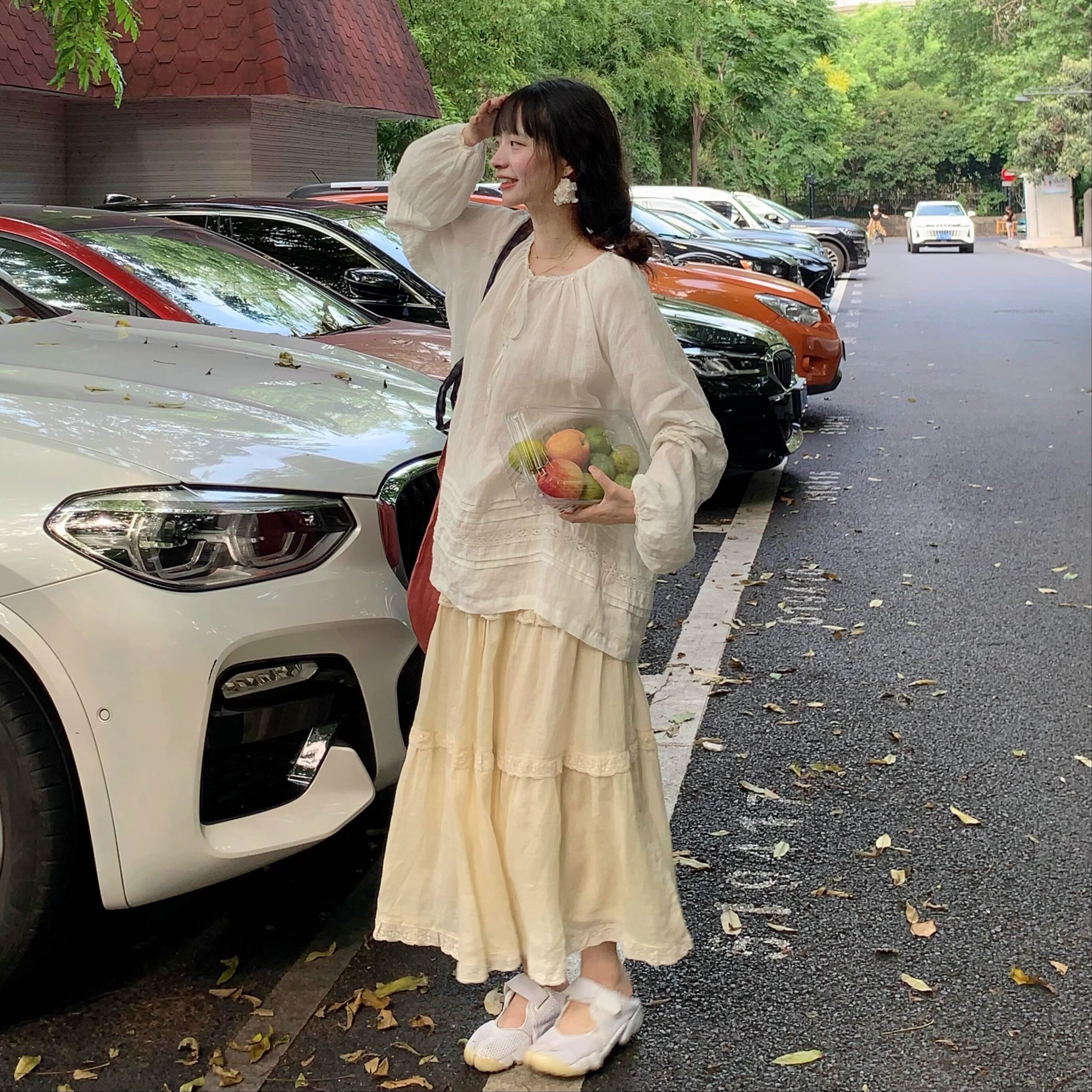 Emilyying春夏新款米杏色纯苎麻重工花边蛋糕半身裙