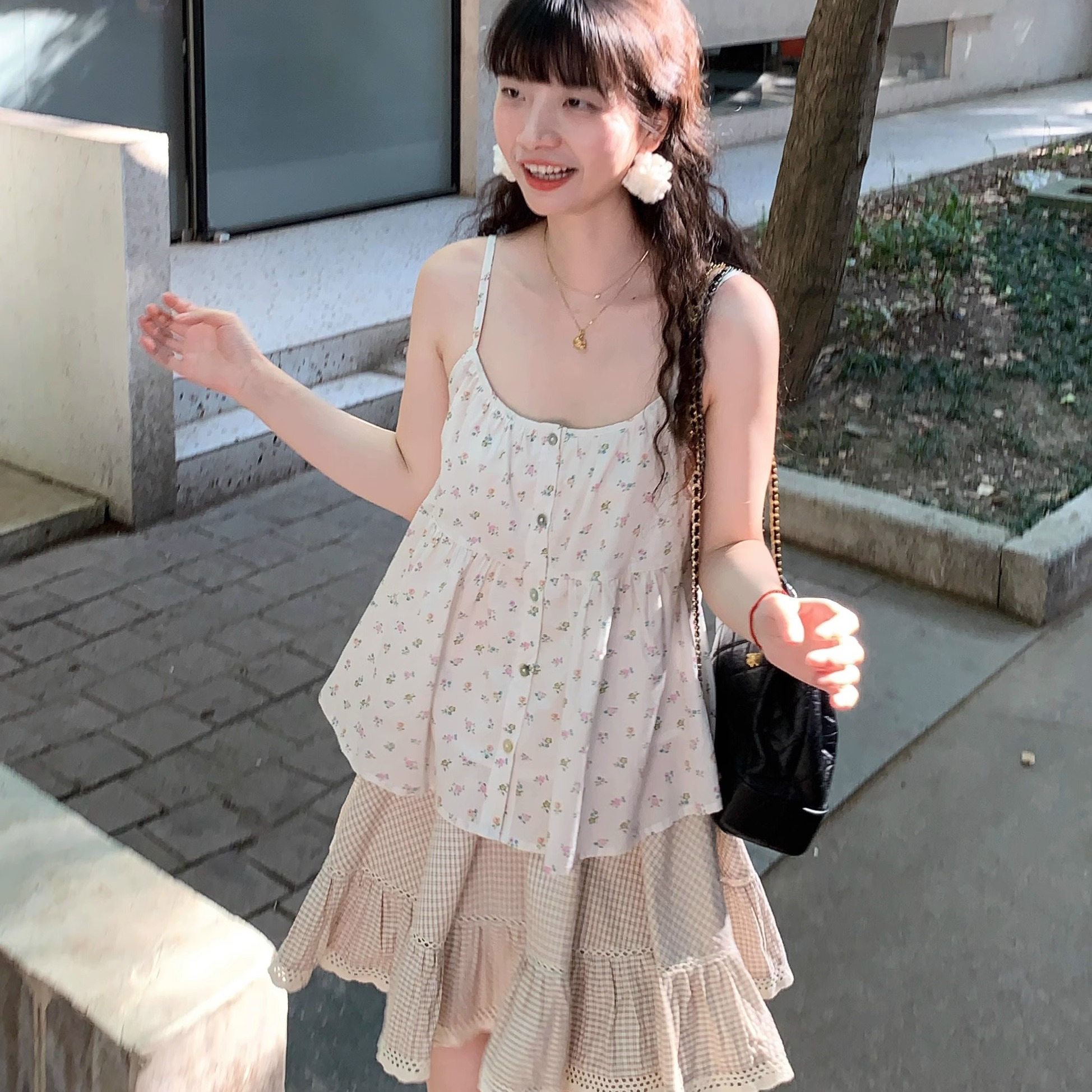 Emilyying春夏新款纯欲甜美少女全棉碎花吊带上衣