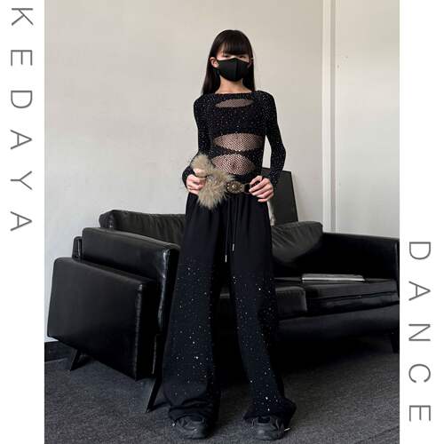 儿童女童爵士舞服少儿舞蹈服网纱满钻连体衣满钻卫裤演出服套装