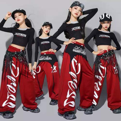 女童红色爵士舞演出服少儿jazz练功服套装儿童街舞服装女孩走秀潮