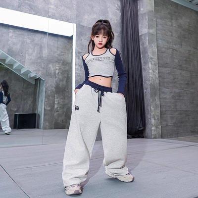 儿童街舞套装女童紧身露肩运动裤