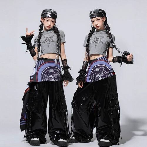 爵士舞女童服装潮酷儿童街舞表演服装少儿jazz练功服女孩皮裤时髦