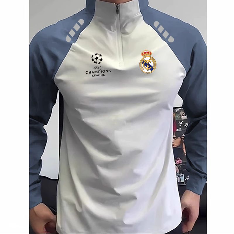 2025皇马曼联巴萨国家队运动拉链长袖男立领透气速干吸汗T恤