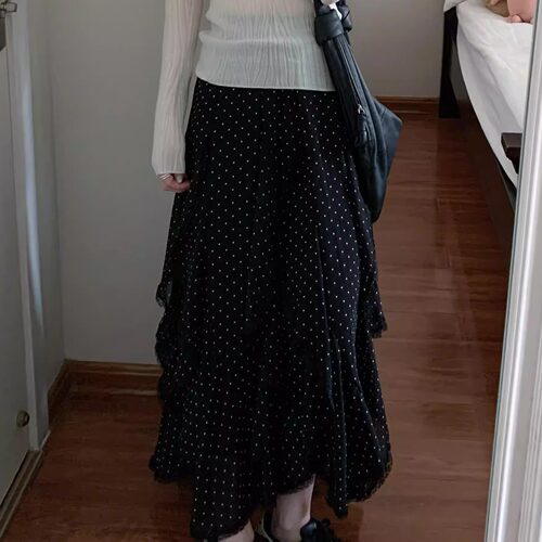 YUNXG 2026/SS 复古不规则黑色波点半身裙女夏季高腰A字半身裙子
