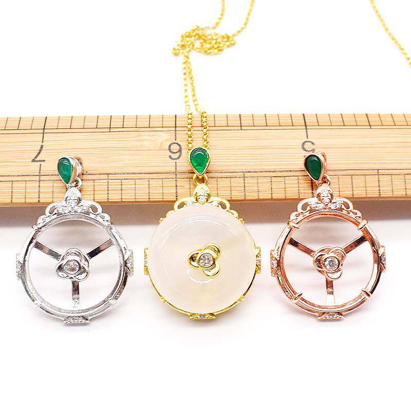 平安扣夹扣 925镀银镶嵌玉石翡翠小号蜜蜡银扣头圆形配件吊坠扣