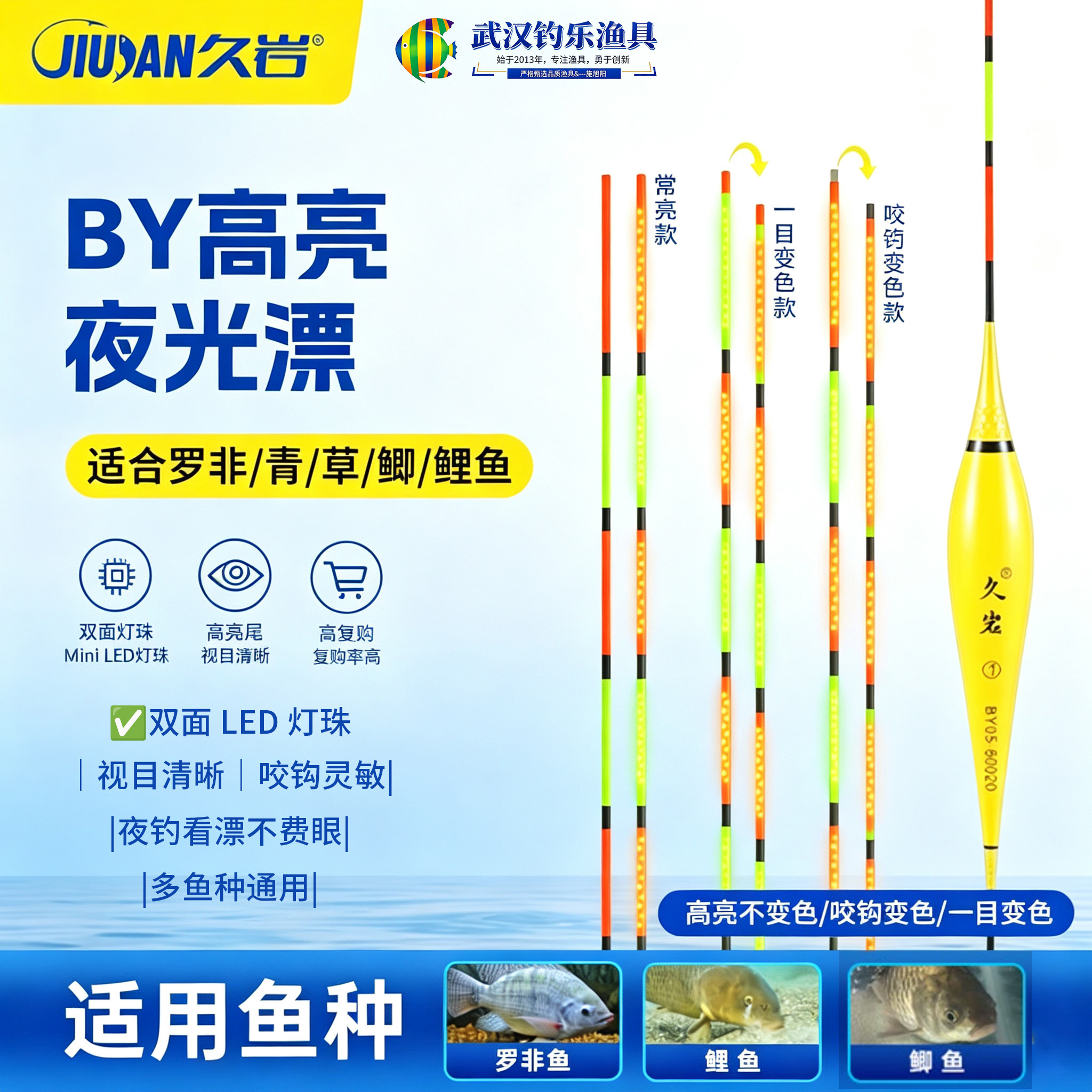 久岩BY夜光漂一目变色双面电子漂LED灯珠高亮日夜两用咬钩变色漂