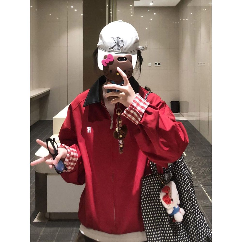 美式复古潮牌星星满印红色连帽卫衣女秋冬加绒宽松拉链开衫外套
