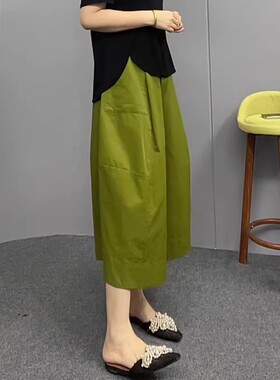绿色高腰阔腿裤女夏薄款宽松显瘦九分花苞裤休闲裤