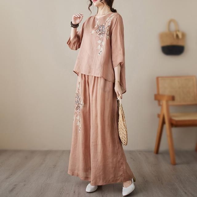 复古刺绣套装女夏季套头时尚衬衫轻薄阔腿裤显瘦妈妈两件套装