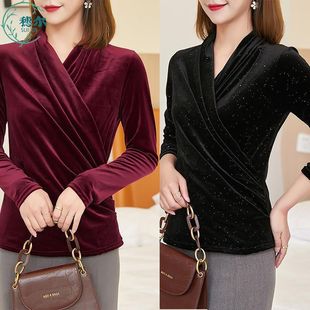 金丝绒打底衫女秋冬季加绒加厚长袖保暖上衣内搭V领上衣春秋百搭