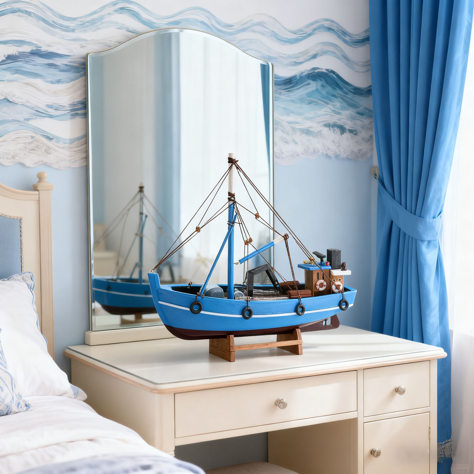 欧美式实木质工艺渔船模型客厅摆件餐厅场景地中海风格装饰大白鲨