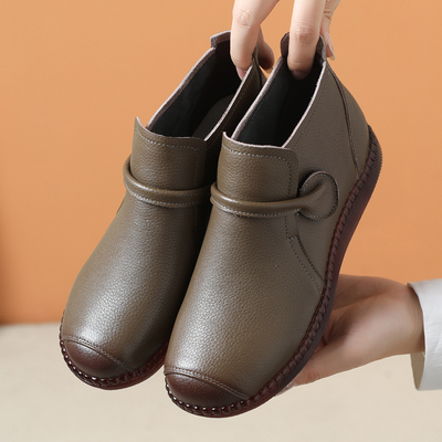 真皮平底短靴牛筋软底舒适妈妈鞋