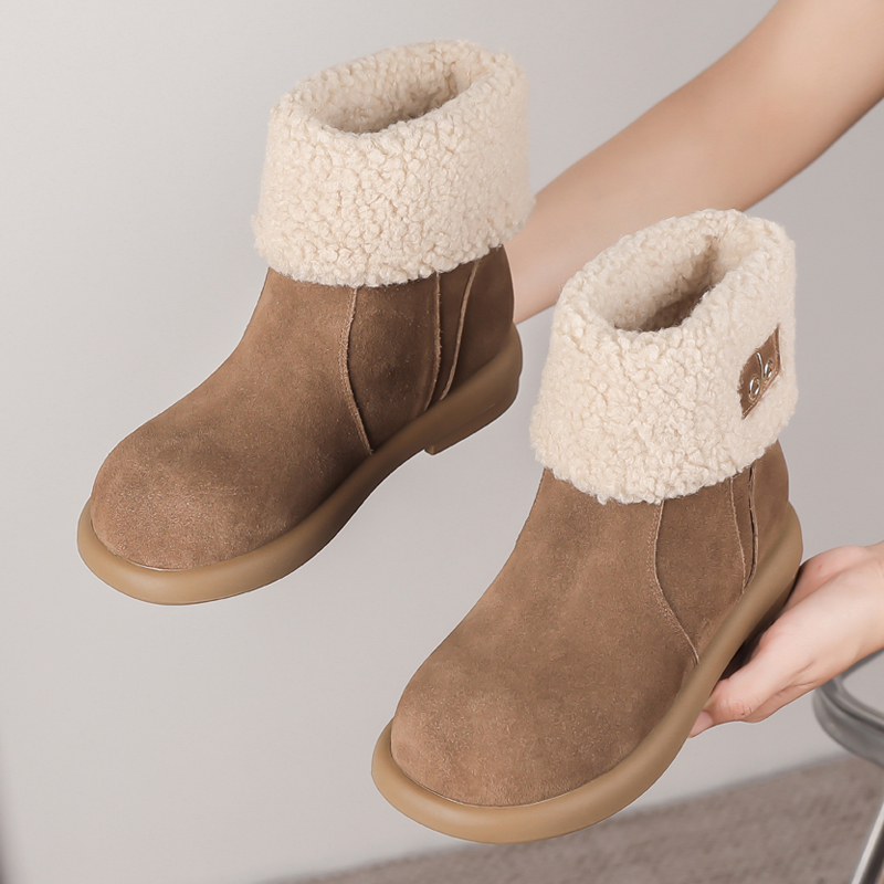 真皮加绒雪地靴百搭平底中筒女靴