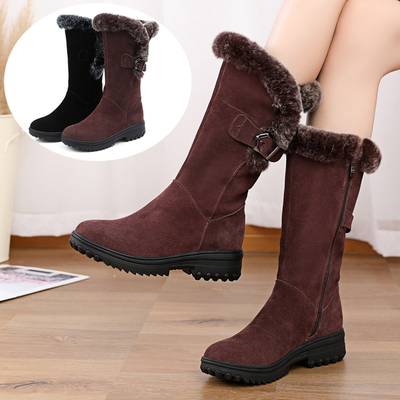 冬季真皮兔毛保暖厚底防滑雪地靴