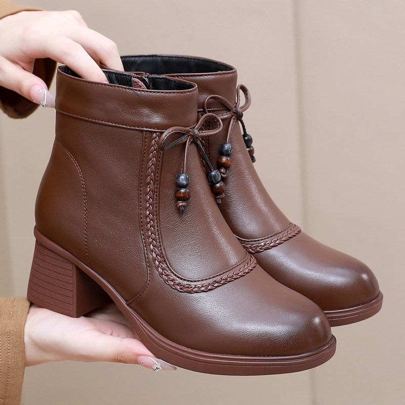 全牛皮粗跟短靴2025秋冬真皮软底妈妈鞋大码女靴编织圆头加绒棉鞋,女鞋,时装靴,淘宝优惠券,粉丝福利购,淘宝优惠卷