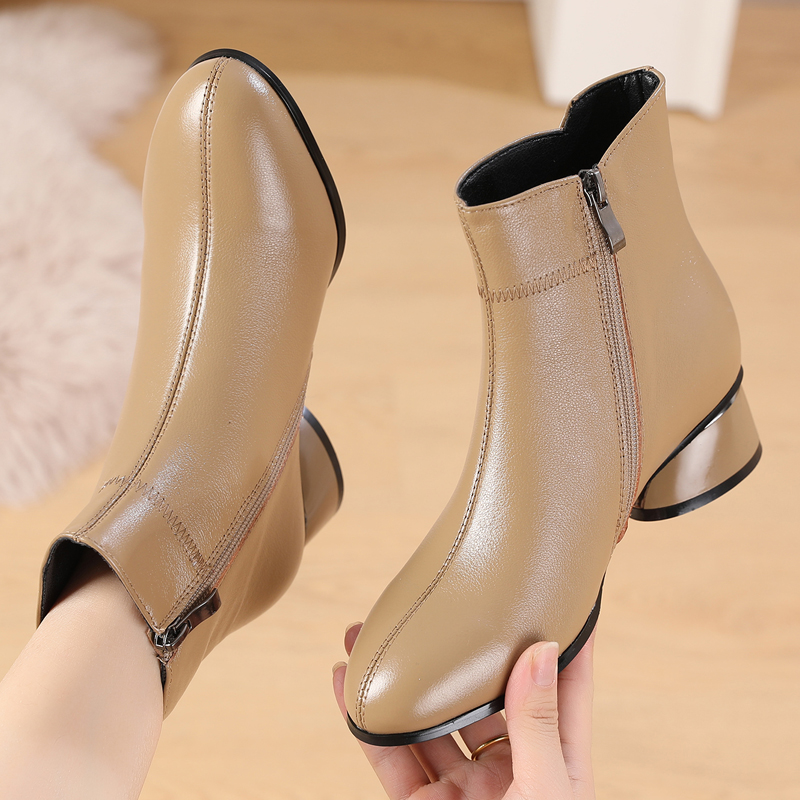 全真皮粗跟短靴百搭软底短筒女靴