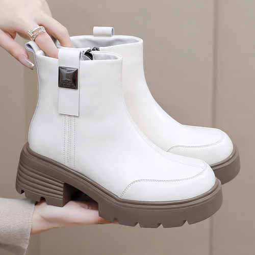 全羊皮厚底短靴粗跟英伦风马丁靴