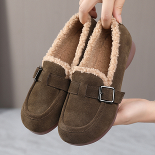 真皮加绒毛毛女鞋冬季软底舒适勃肯鞋大码平底皮鞋一脚蹬外穿棉鞋