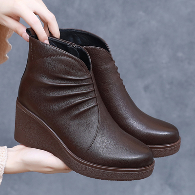 羊皮坡跟短靴真皮软底高跟妈妈鞋