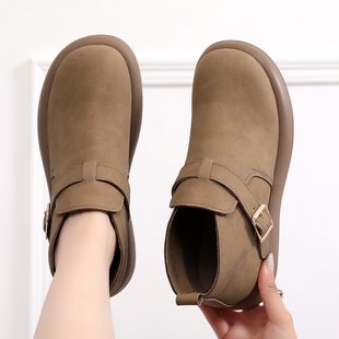 真皮平底短靴2025秋冬休闲软底勃肯鞋大码41到43女靴平跟加绒棉鞋