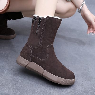 全羊毛厚底中筒靴真皮磨砂女靴子